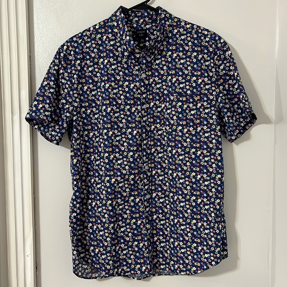 JCrew Flex Floral Short Sleeve Button Front Cotton Blend Shirt Sz L